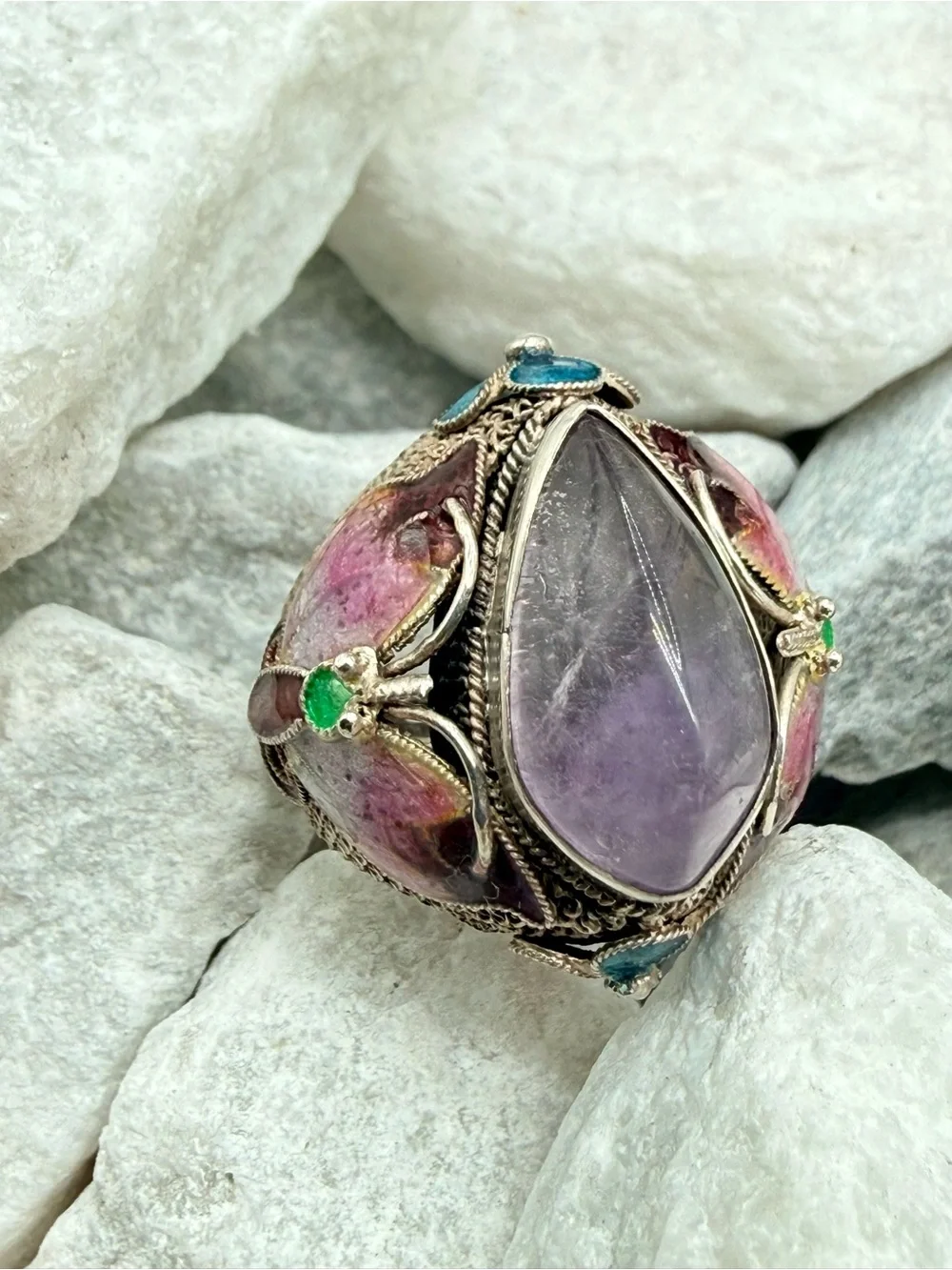 Vintage Chinese Export Sterling Silver Amethyst Enamel Butterfly Ring Size 7 10g